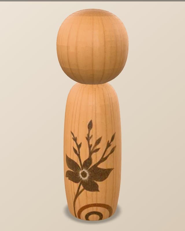 Static front render of the original Archive Turn AI-assisted pale wooden object study with a dark botanical motif