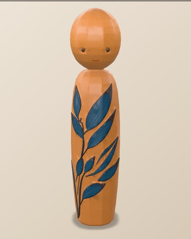 Static front render of the original Indigo Leaf AI-assisted wooden object study